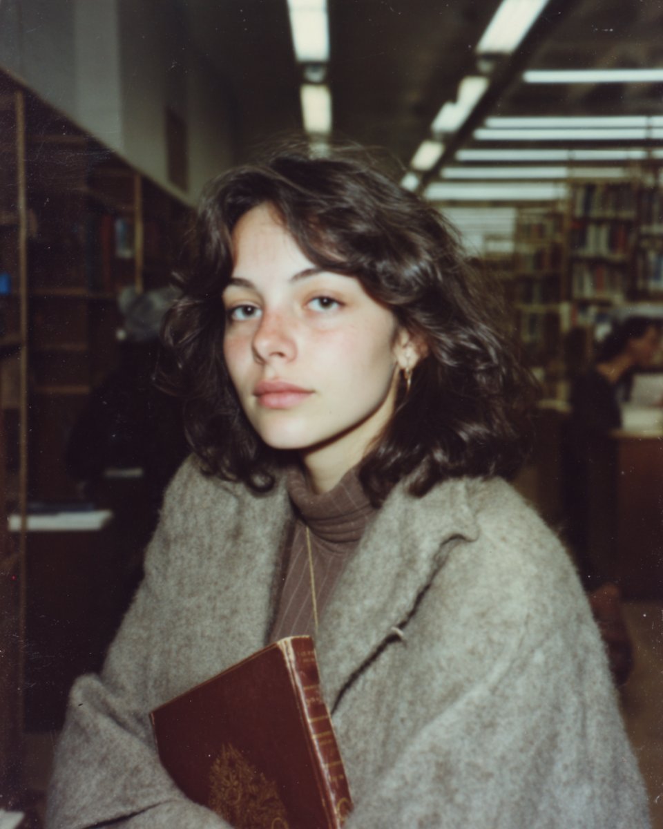 Analog library portrait — brunette, wool coat